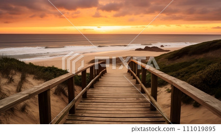 Empty wooden walkway on the ocean coast in the sunset time, pathway to beach, Generative AI Empty wooden walkway on the ocean coast in the sunset time, pathway to beach, Generative AI 111019895