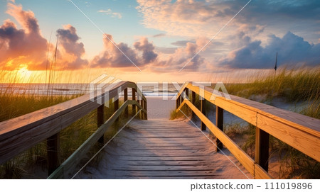 Empty wooden walkway on the ocean coast in the sunset time, pathway to beach, Generative AI Empty wooden walkway on the ocean coast in the sunset time, pathway to beach, Generative AI 111019896