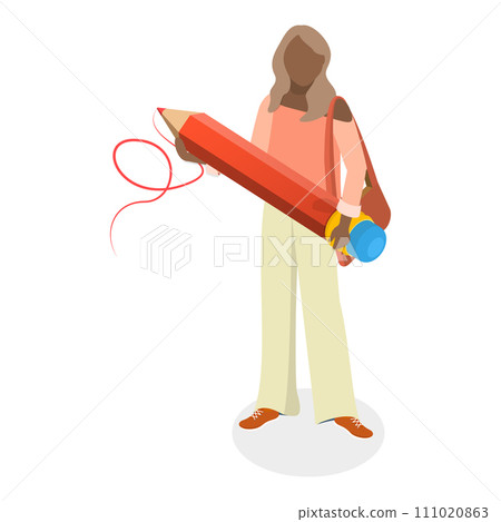 3D Isometric Flat Vector Set of Students Holding Giant Pencil. Item 3 111020863