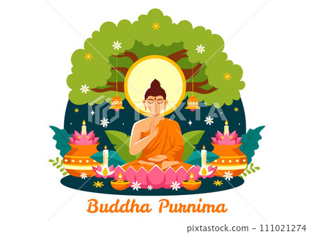 Happy Buddha Purnima Vector Illustration of Vesak Day or Indian Festival to Spiritual with in a Deep Meditation in Flat Cartoon Background 111021274