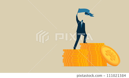 一名男子在一堆贏得的硬幣上揮舞旗幟 一名男子在一堆贏得的硬幣上揮舞旗幟 111021384