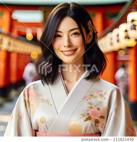 I drew a lovely woman wearing a kimono who is coming to the New Year's shrine visit in generation. I drew a lovely woman wearing a kimono who is coming to the New Year's shrine visit in generation. 111021430