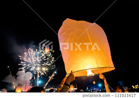 Sky lantern mass release event for Yee Peng and Loy Krathong traditional festival in Chiang Mai 111021617