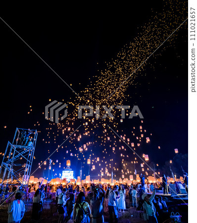 Sky lantern mass release event for Yee Peng and Loy Krathong traditional festival in Chiang Mai 111021657