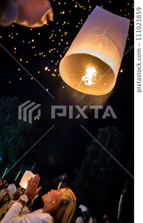 Sky lantern mass release event for Yee Peng and Loy Krathong traditional festival in Chiang Mai 111021659