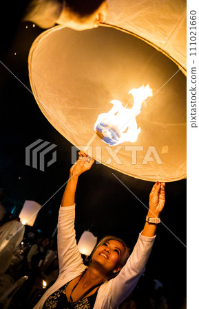 Sky lantern mass release event for Yee Peng and Loy Krathong traditional festival in Chiang Mai 111021660