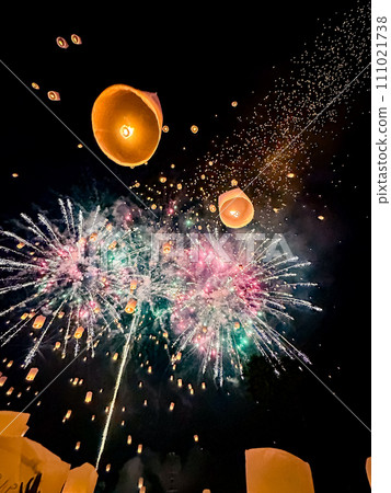 Sky lantern mass release event for Yee Peng and Loy Krathong traditional festival in Chiang Mai 111021738