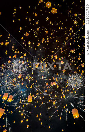 Sky lantern mass release event for Yee Peng and Loy Krathong traditional festival in Chiang Mai 111021739