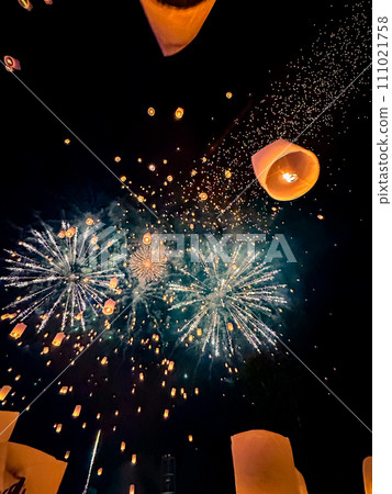 Sky lantern mass release event for Yee Peng and Loy Krathong traditional festival in Chiang Mai 111021758