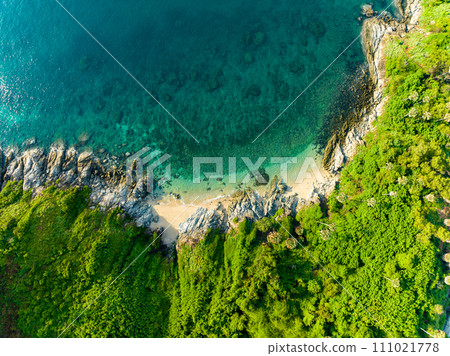 Aerial view seashore with mountains at Phuket Thailand, Beautiful seacoast view at open sea in summer season,Nature Environment and Travel background 111021778