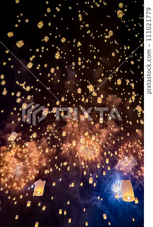 Sky lantern mass release event for Yee Peng and Loy Krathong traditional festival in Chiang Mai 111021779