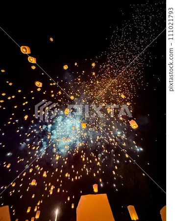 Sky lantern mass release event for Yee Peng and Loy Krathong traditional festival in Chiang Mai 111021793