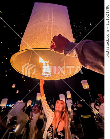 Sky lantern mass release event for Yee Peng and Loy Krathong traditional festival in Chiang Mai 111021796