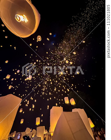 Sky lantern mass release event for Yee Peng and Loy Krathong traditional festival in Chiang Mai 111021805