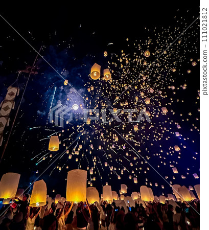 Sky lantern mass release event for Yee Peng and Loy Krathong traditional festival in Chiang Mai 111021812