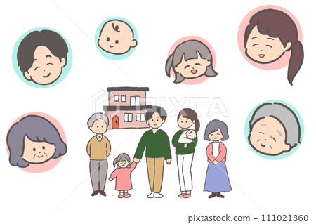 Three generation family full body & face illustration set 111021860
