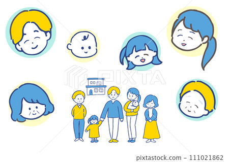 三代家庭全身及臉部插畫集,藍黃配色 三代家庭全身及臉部插畫集,藍黃配色 111021862