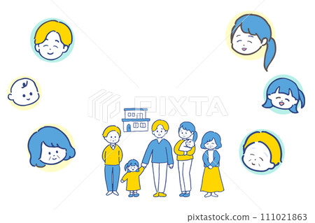 Three-generation family full body and face frame, blue and yellow color scheme Three-generation family full body and face frame, blue and yellow color scheme 111021863
