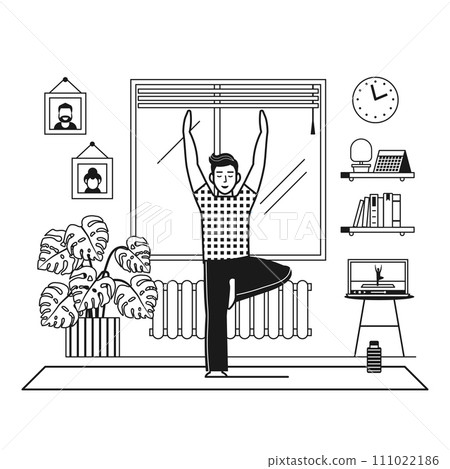 Young Man Practicing Yoga Online Using Laptop 111022186