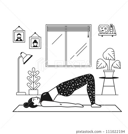 Woman Doing Yoga at Home Living Room Woman Doing Yoga at Home Living Room 111022194