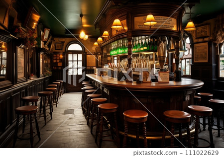 AI-generated content. Dimly Lit Bar With Many Stools, A Relaxing Place to Unwind and Socialize 111022629