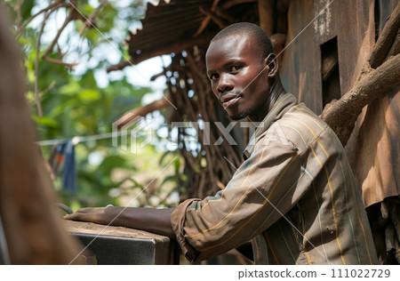 AI-generated content. Man Standing Next to Wooden Building 111022729