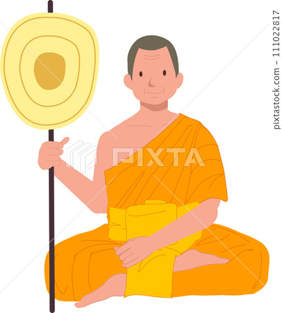 Sitting Thai Monk in Traditional Robes with talipot fan. 111022817