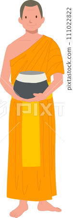 Full length standing Thai Monk in Traditional Robes with Alms bowl. 111022822