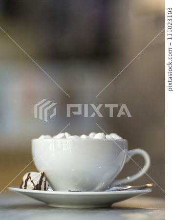 Mug of coffee with marshmallows on porcelain plate on blurred colorful interior bokeh background. Mug of coffee with marshmallows on porcelain plate on blurred colorful interior bokeh background. 111023103