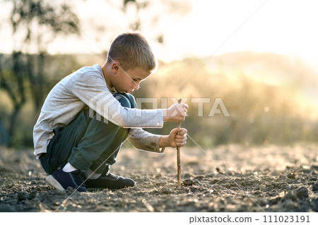 Child boy playing with wooden stick digging in black dirt ground outdoors. 111023191