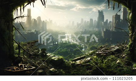 “AI-generated image” of a city that has been eroded by plants and has been devastated 111023205
