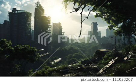 “AI-generated image” of a city that has been eroded by plants and has been devastated 111023207
