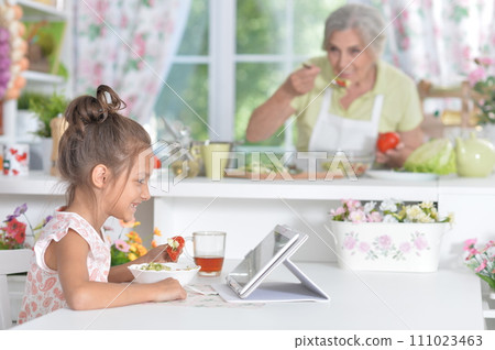 Portrait of young girl using tablet at kitchen 111023463