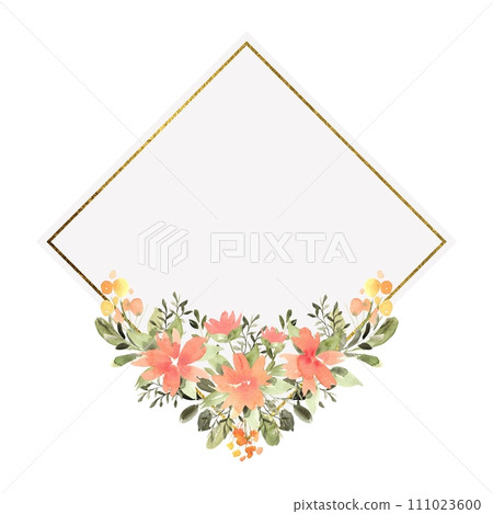Watercolor floral square frame with compositions of orange, yellow flowers and greenery, frame with gold texture. Hand drawn illustration of botanical template for greeting cards or wedding invitation Watercolor floral square frame with compositions of orange, yellow flowers and greenery, frame with gold texture. Hand drawn illustration of botanical template for greeting cards or wedding invitation 111023600