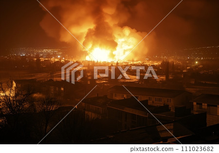 AI-generated content. Large Fire Engulfs City in Fiery Blaze on Dark Night AI-generated content. Large Fire Engulfs City in Fiery Blaze on Dark Night 111023682