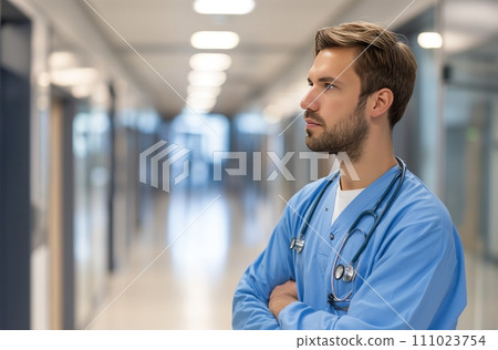 AI-generated content. Reflective surgeon in hospital setting 111023754