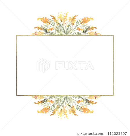 Floral watercolor square frame with yellow mimosas and greenery, frame with gold texture. Hand drawn illustration of botanical template for greeting cards or wedding invitations, mother's day, birthda 111023807