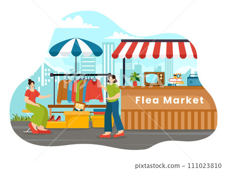 Flea Market Vector Illustration with Second Hand Shop with Shoppers, Swap Meet, Sellers and Customers at Weekend in Business Flat Background 111023810