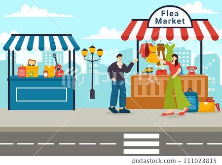 Flea Market Vector Illustration with Second Hand Shop with Shoppers, Swap Meet, Sellers and Customers at Weekend in Business Flat Background 111023815