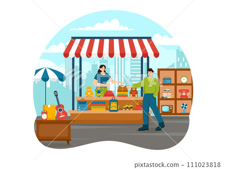 Flea Market Vector Illustration with Second Hand Shop with Shoppers, Swap Meet, Sellers and Customers at Weekend in Business Flat Background 111023818