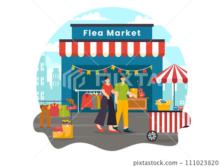 Flea Market Vector Illustration with Second Hand Shop with Shoppers, Swap Meet, Sellers and Customers at Weekend in Business Flat Background 111023820
