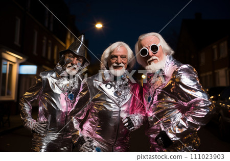 AI-generated content. Eccentric trio in metallic suits 111023903