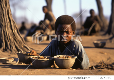 AI-generated content. Child with food bowls in village 111023940