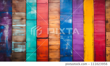 Background of colorfully painted wooden boards "AI generated image" Background of colorfully painted wooden boards "AI generated image" 111023956