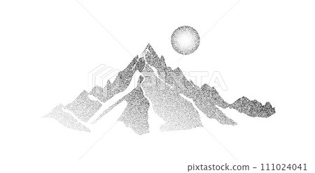 Grain stippled mountain range. Dotted landscape terrain silhouette. Black white grainy hill chain. Grunge noise landscape background. Textured mount view wallpaper. Vector dot work style illustration 111024041