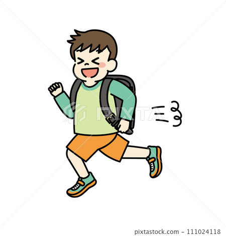 Illustration of an elementary school boy running with a school bag on his back 111024118