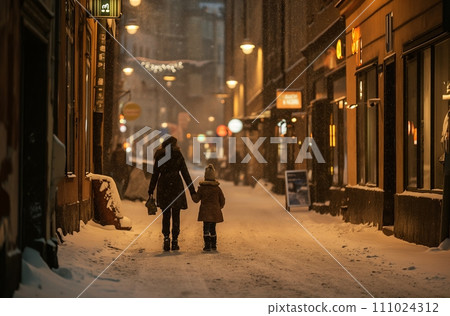 AI-generated content. Evening stroll in snowy Stockholm 111024312