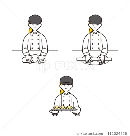 一組 3 幅插圖，描繪了一位女麵包師製作麵團和烘烤麵包的情況。 111024336