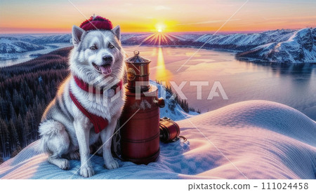 A dog standing with the sunset in the background 111024458
