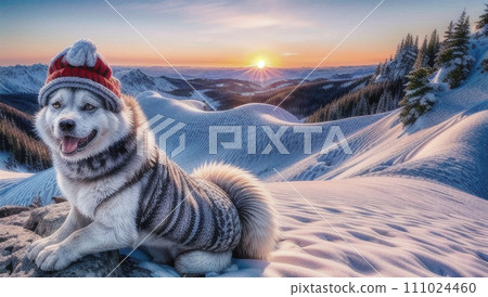 一隻狗站在夕陽的背景下 一隻狗站在夕陽的背景下 111024460